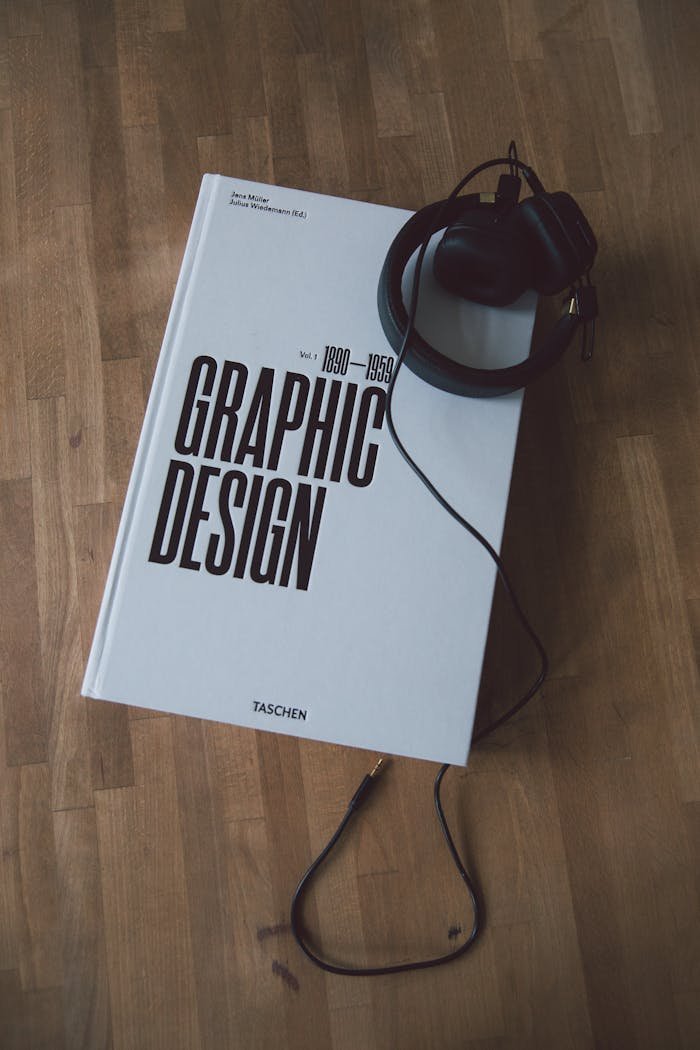 hero-img Discover graphic design history with this book and headphones on a wooden floor.